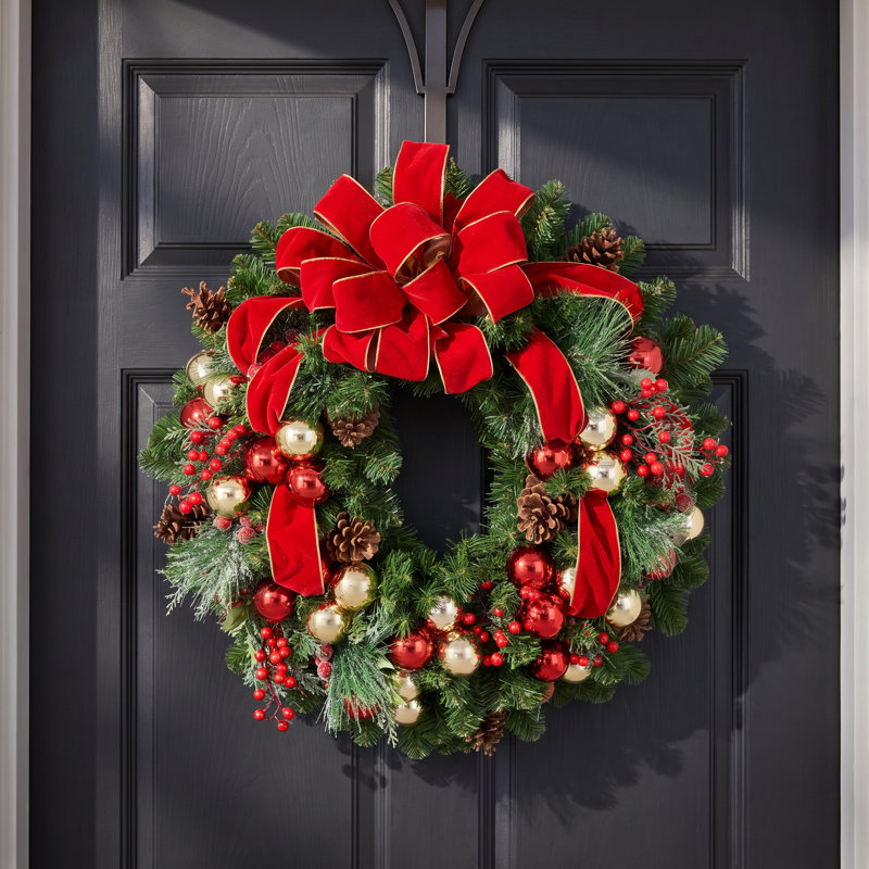 32" Holiday Wreath With Pinecones, Berries, Ornaments And A Velvet Bow