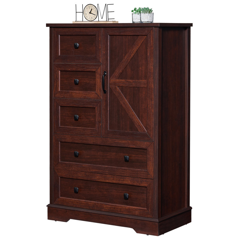 Farmhouse 47.2 '' H 5 Drawer Bedroom Dresser with Door, Wood Rustic Tall Chest of Drawers for Bedroom, Closet Storage for Bedroom