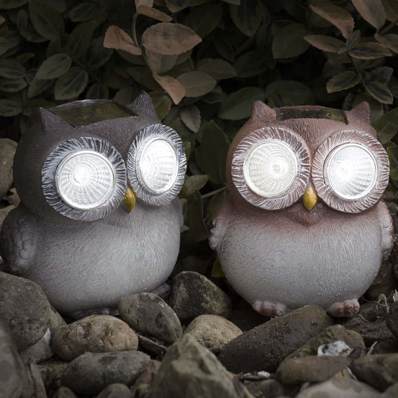 Weather- Resistant Owl Solar LED 2 Piece Light Statue Set- Decoys to Scare Birds Away