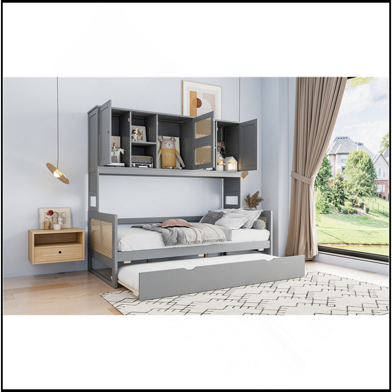 Wooden Daybed With Twin Size Trundle, And All-In-One Cabinet And Shelf, Gray, Twin