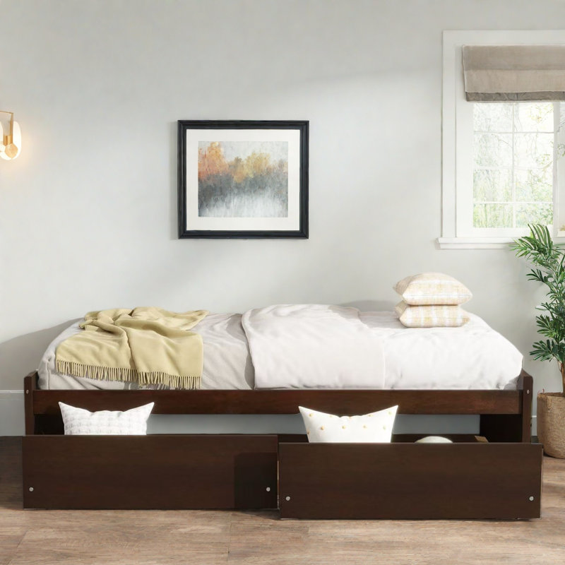 Lit à design minimaliste avec 2 tiroirs, Espresso