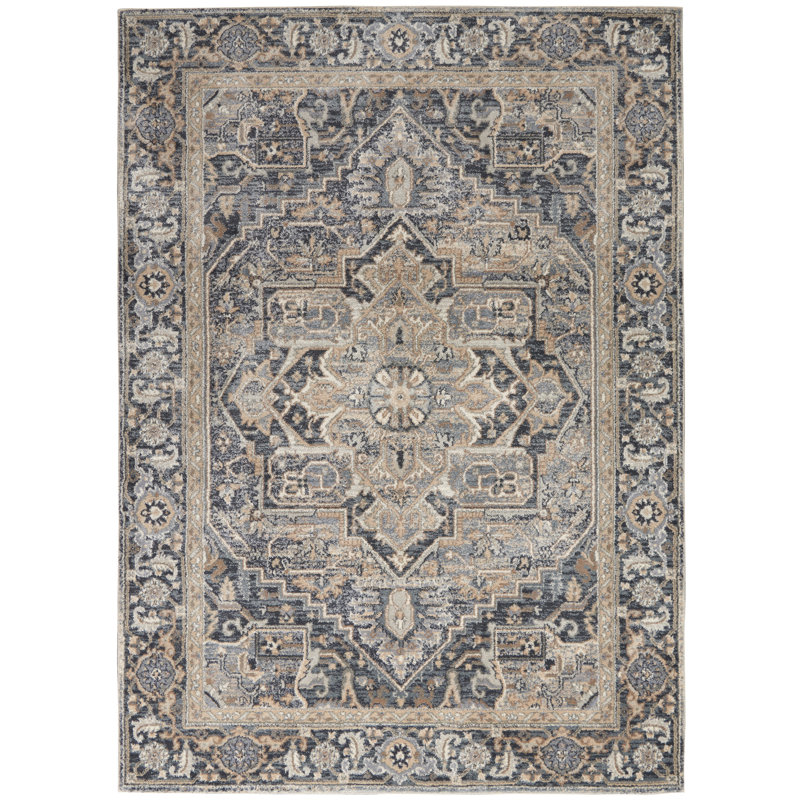 Navy and Beige Synthetic Rectangular 5' x 7' Area Rug