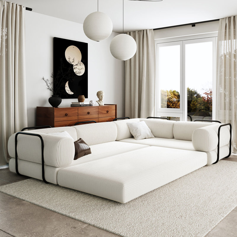 Canapé-lit modulaire en L en velours côtelé, H 29,9 po x l 115 po x P 78,7 po, Beige