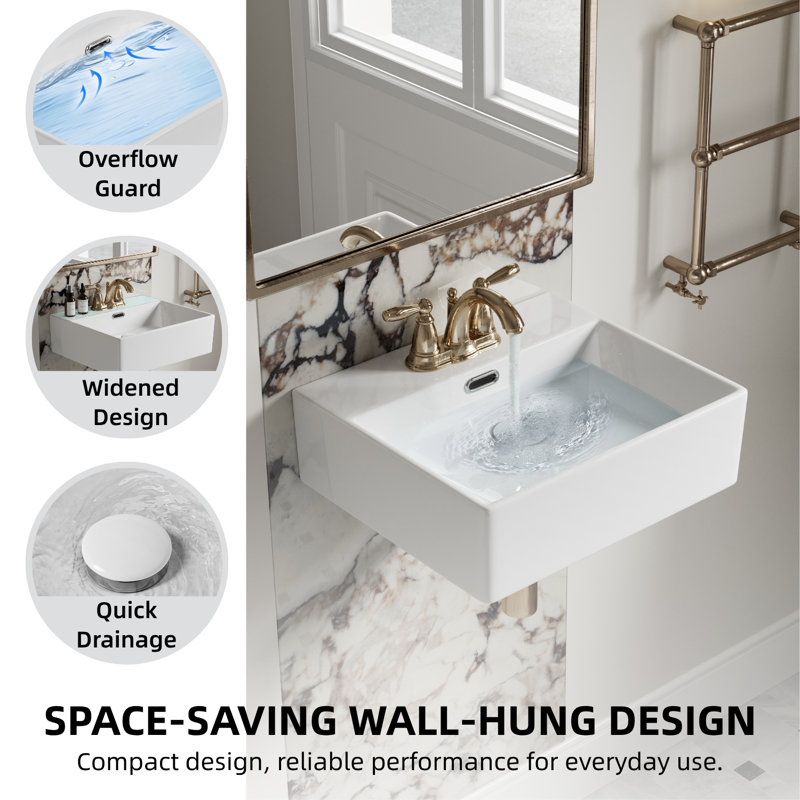 Los Flexi Floating Wall Mount Sink with 3-Hole, White Ceramic with Overflow, 5.12" H x 16.14" L x 14.17" W, 4" Centers