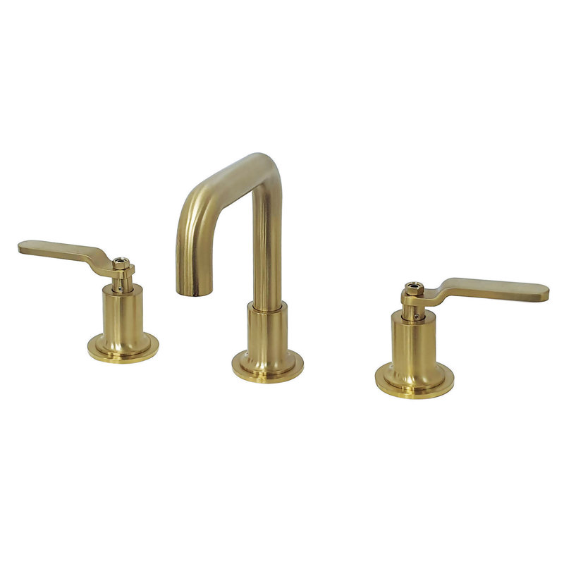 Kingston Brass Whitaker Two-Handle 3-Hole Deck Mount Widespread Bathroom Faucet with Push Pop-Up Drain, Brushed Brass