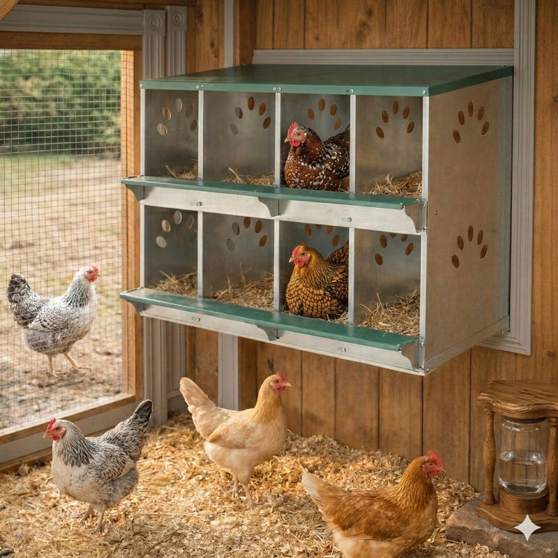 Boîte de nidification en métal à 8 compartiments pour poules pondeuses, conception murale avec ouvertures ventilées pour poulaillers