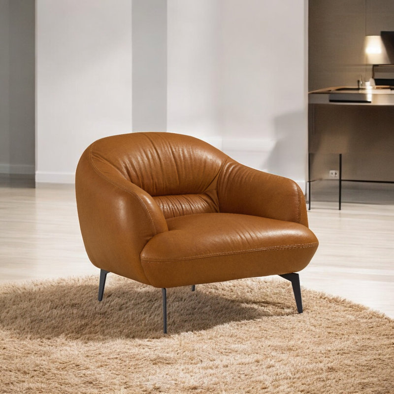 Fauteuil en cuir véritable touffeté Lamoria, Cuir véritable cognac