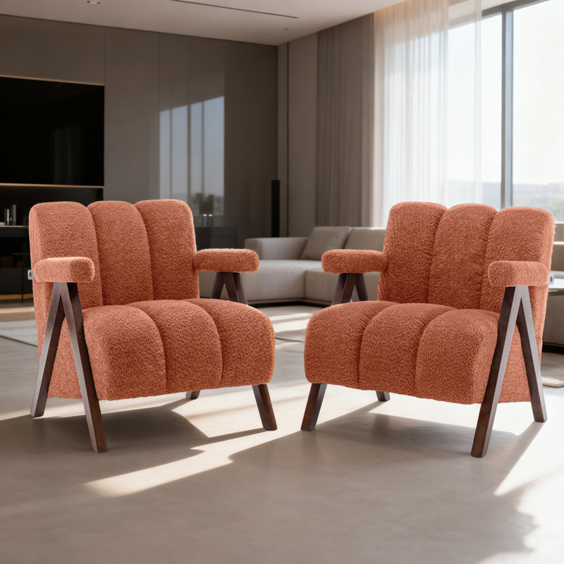 Dormon Upholstered Boucle  Armchair with Solid Wood Legs, Orange