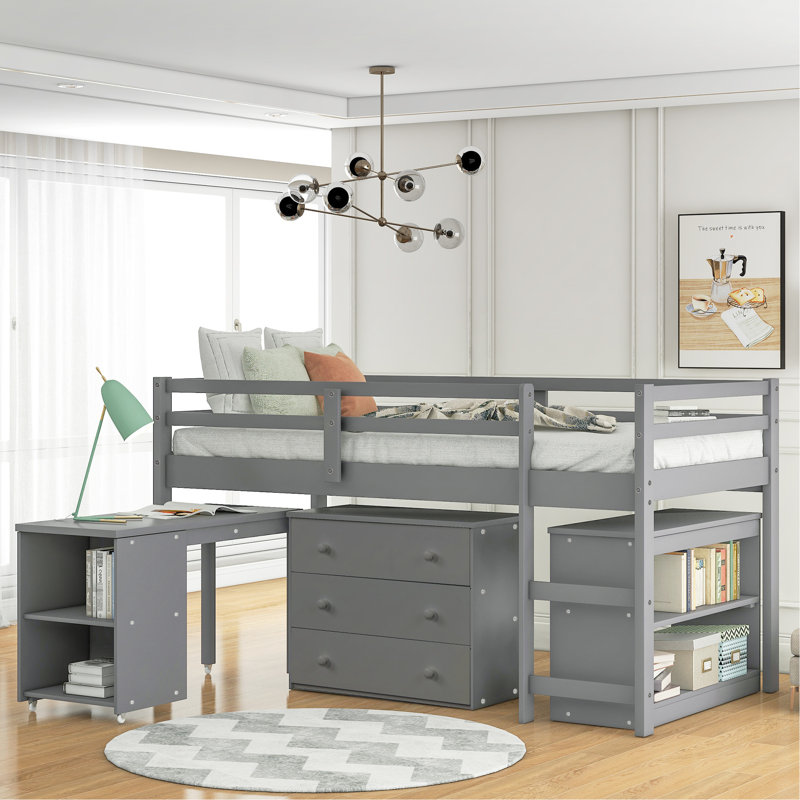 Lit mezzanine simple gris avec armoire et bureau portable, robuste et polyvalent, Gris
