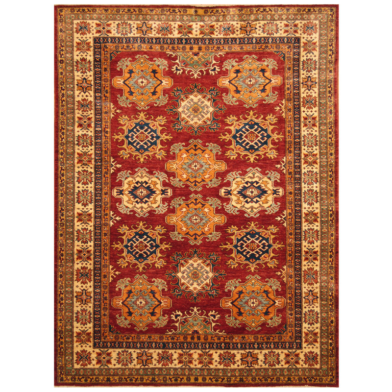 Tapis rouge / ivoire en laine noué à la main de conception unique 5 pi 7 po x 7 pi 8 po Jevon