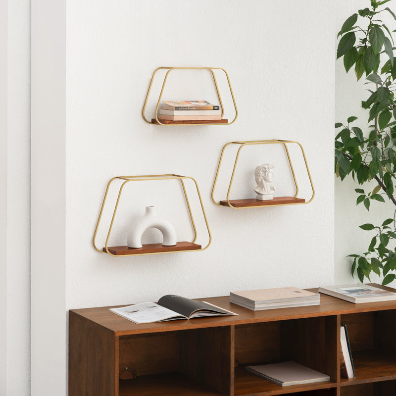 Wetherill Trapezoid-Shaped Solid Wood & Metal Wall Accent Shelves
