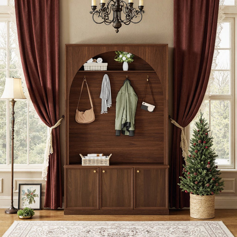 Hall Tree With Adjustable Shelves, 4 Hooks, 3 Cabinets & Bench, Mdf Mudroom Organizer For Entryway, Walnut