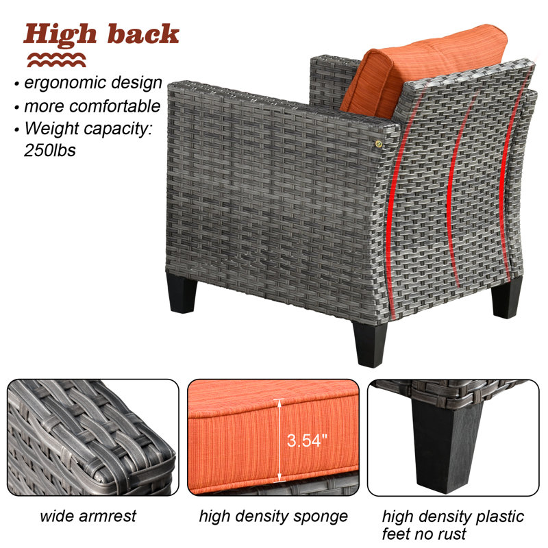 Ensemble de conversation en osier / rotin 7 personnes avec coussins GRST, Orange-rouge
