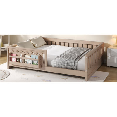 Wood Full Size Platform Bed With Guardrail And Storage Shelves, Natural