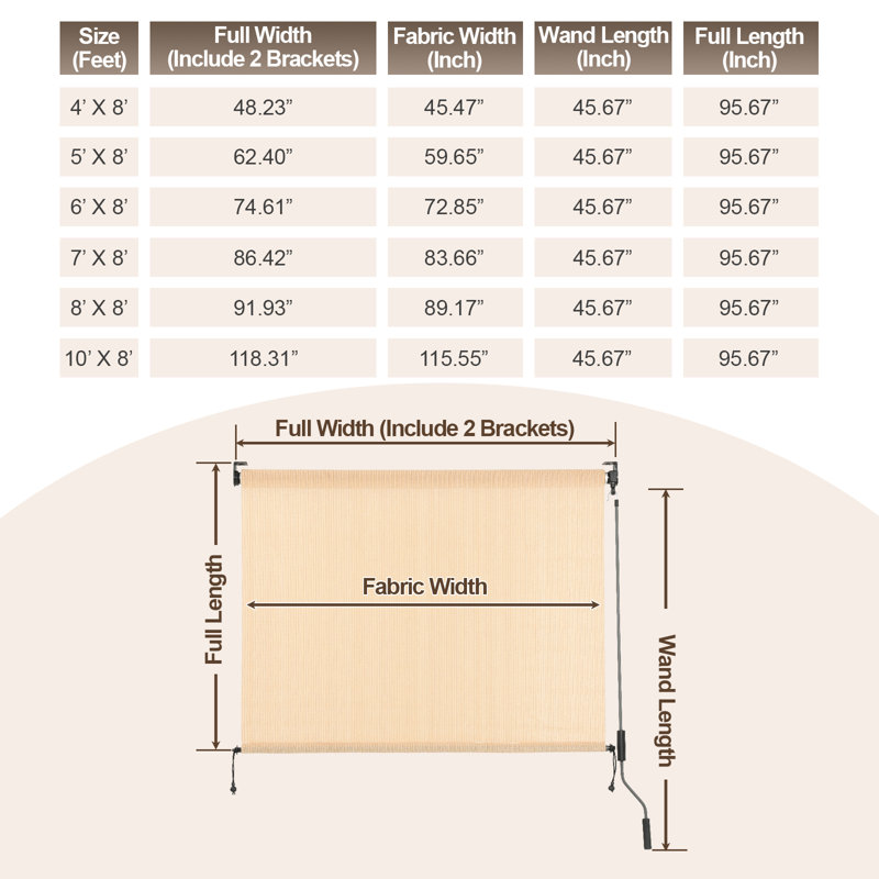  Rideau roulant en tissu PEHD pour patio, Blé, L 72 po x L 96 po