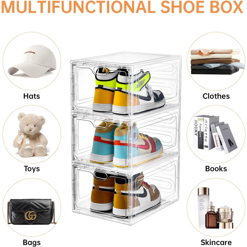 6 Pack Clear Stackable Shoe Storage Box With Magnetic Door - Shoe Organizer For US Size 12