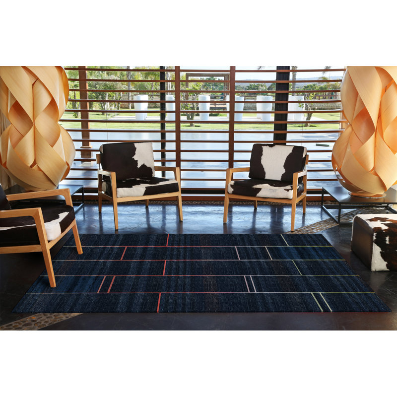 Navy Stripe Pavement Patterned Modern Decorative Rug, Runner 3'3.37" x 6'6.74"