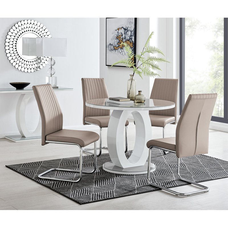 Scottsmoor 4 Seater High Gloss Round Dining Table Set with 4 Luxury Faux Leather Dining Chairs, Gray, Cappuccino