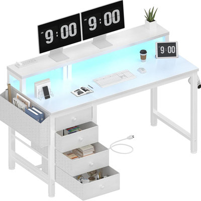 Desk With 4 Drawers - 47 Inch Gaming Desk With Monitor Stand, Reversible Computer Gaming Table With LED Lights Power Outlets And Storage Bag Fabric Drawer For Home Office, Bedroom