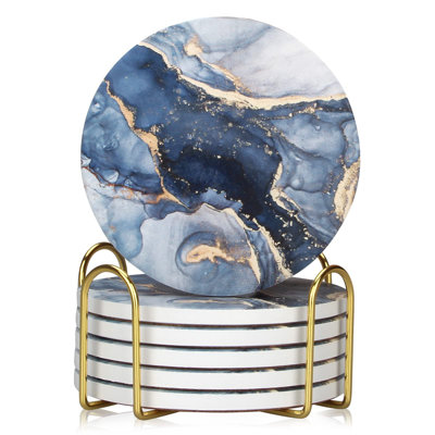 Ceramic Round 6 Piece Coaster Set With Holder