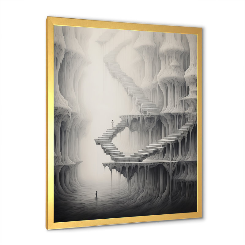 Ombres ascendantes grises - surréalisme sur toile grise, Cadre photo doré simple, H 44 po x l 34 po x P 1,5 po