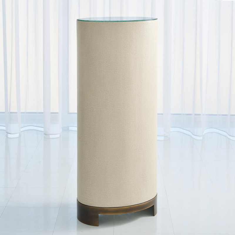 Antique Brass and Oak Round Mirrored Pedestal