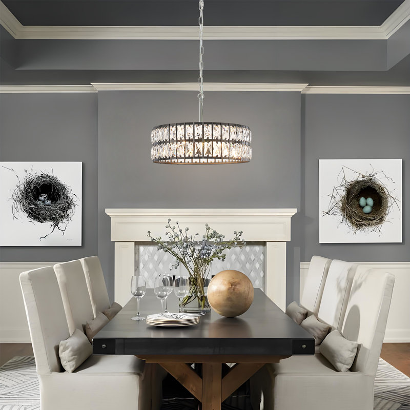 Lustre tambour en cristal 5 lumières Khyryn, Chromé / noir mat