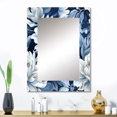 Carolynn Blue And White Peonies Damask Flowers - Floral Wall Mirror, Cottage Decorative Mirror, Printed Metal Art