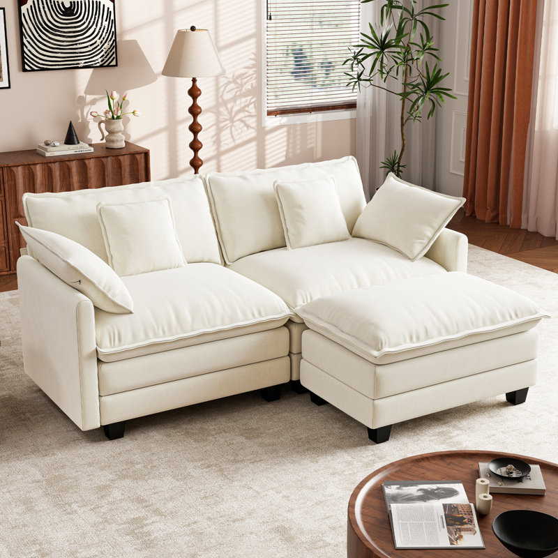 George 76.8" Modern 3 Seat Chenille L Shaped Modular Sectional Sofa With Ottoman, Beige 