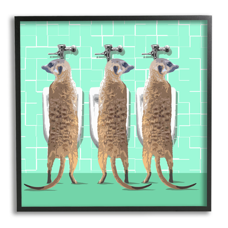 Drôle de suricates utilisant un urinoir, toilette, formes vertes, estampe numérique, ensemble d'art par Noah Bay