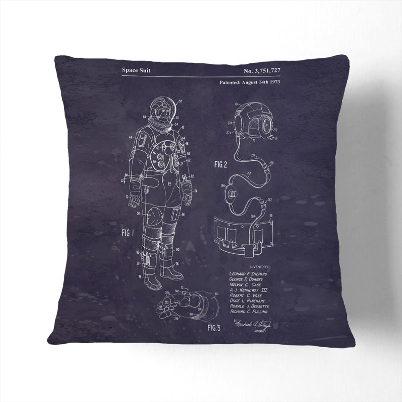 Space Suit Patent Dark Square Throw Cushion, 40cm H x 40cm W x 15cm D