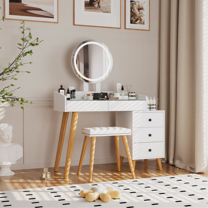 Dressing Table With LED Lights Glass Top Dressing Table With Extendable Side Table 5 Drawers Dressing Table With Mirror And Stool For Bedroom