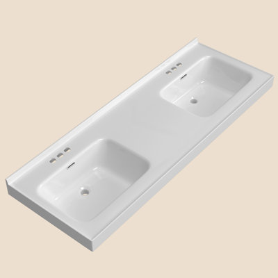 Double Sinks 61'' W X 22'' D Solid Surface White Vanity Top Resin Stone Rectangular Bathroom Sink Countertop with 1.38 in. H Backsplash & Three Pre-drilled Faucet Holes