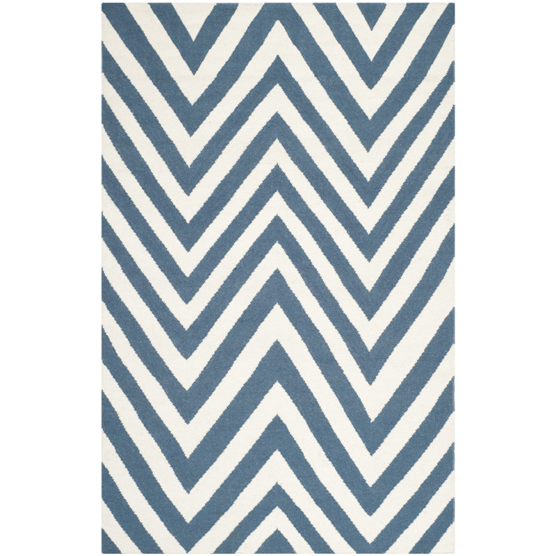 Dhurries Hand Woven Flat Weave Wool/Cotton Chevron Rug in Blue/Ivory, Rectangle 2'6" x 4'