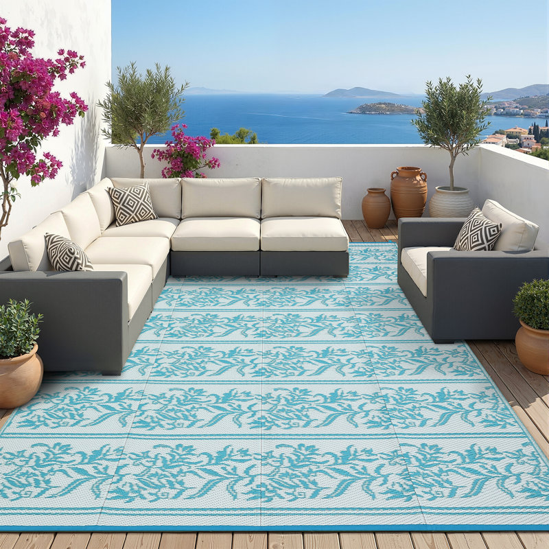 Waterproof Reversible Outdoor Rug - Lightweight, UV & Mark Resistant Patio Carpet with Stakes & Storage Bag for RV, Camping, Picnic, Deck, Backyard