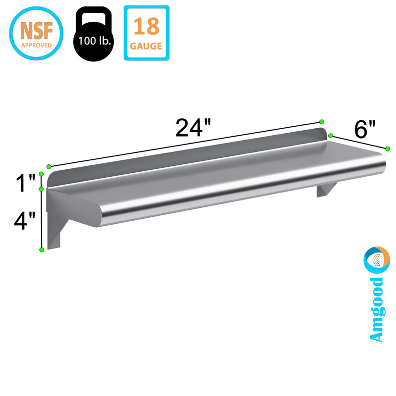 AmGood 6 In. X 16 In. Stainless Steel Wall Shelf With Squared Edge Nsf Certified Appliance Equipment Metal Shelving Kitchen Restaurant Garage Laundry Utility Room