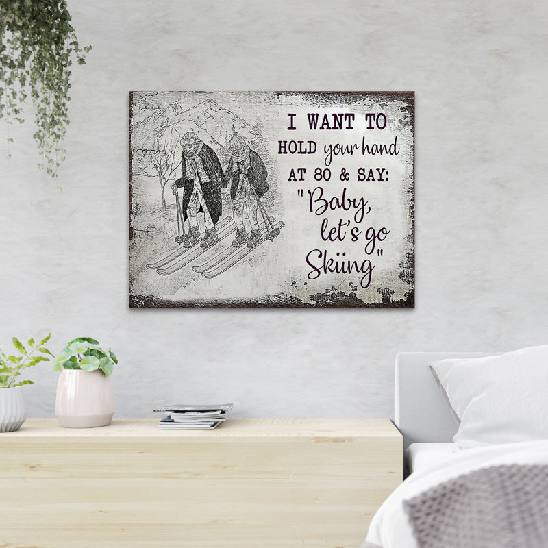 «Old Couple Skiing Together - Baby, Let's Go Skiing», reproduction d'art graphique sur toile tendue 1 pièce