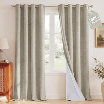 100% Blackout Linen Ivory Curtains 63 inches Long, White Liner Composite Grommet Bedroom Window Treatments Relax Home Decor Thermal Drapes for Farmhouse, 2 Panels, W52 x L63