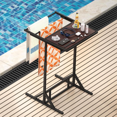 Adjustable Height Pool Towel Rack And Table Tray With Drink Holders, Sunproof Waterproof Metal Base For Above Ground Pool And Hot Tub Accessories