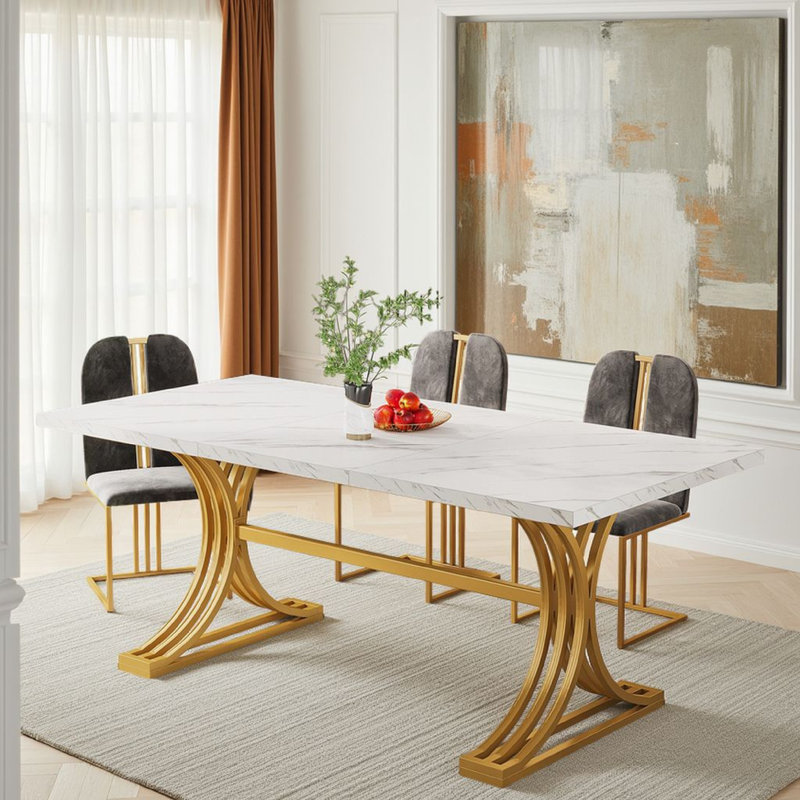 Dining Table, Rectangular, Metal Base, 63 Inch, White Marble, Gold