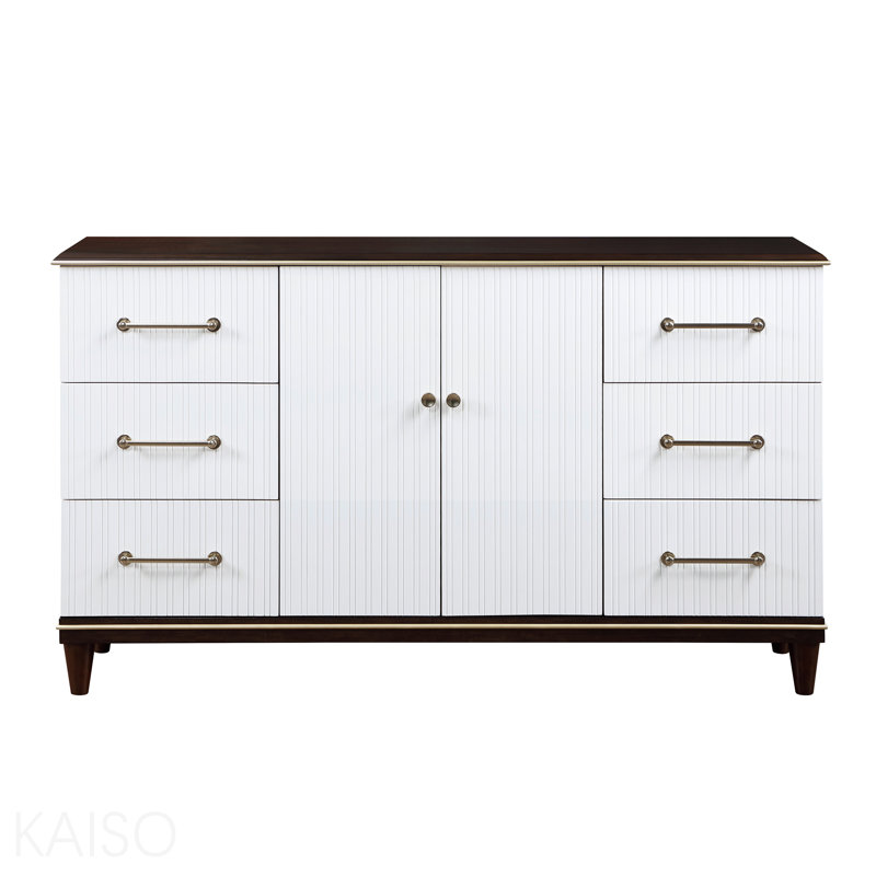 Commode contemporaine blanche et cerisier 1pc avec 6 tiroirs et 2 tablettes, meubles de chambre à coucher modernes avec finition dorée à 2 tons