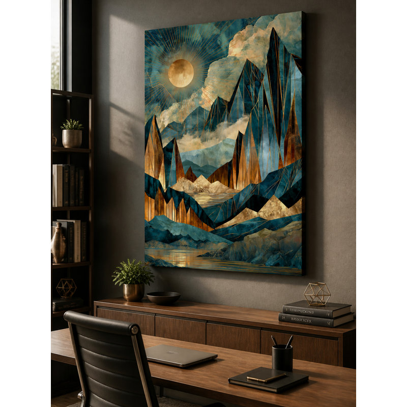 Grande toile murale représentant un paysage montagneux stylisé dans un style abstrait, sur le thème des montagnes, dans les tons bleu sarcelle et or bronze.