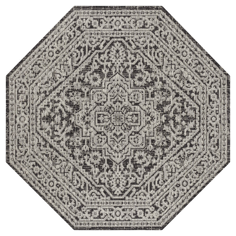Moten Medallion Textured Weave Gray/Black Indoor/Outdoor Rug, Octagon 7'9"