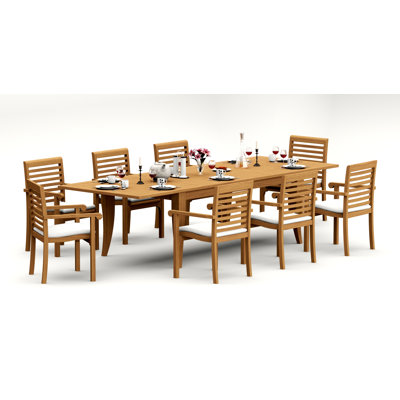 Ensemble de salle à manger 113 pièces en bois de teck de qualité A: table rectangulaire double extension Atnas de 122 po et 12 chaises à accoudoirs empilables Alvarez # 11HR2812