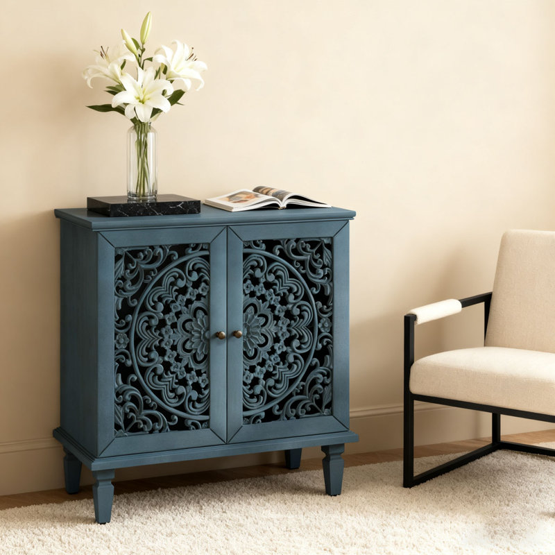Armoire décorative, rangement à 2 portes, tablette réglable et pieds en bois massif, Bleu antique