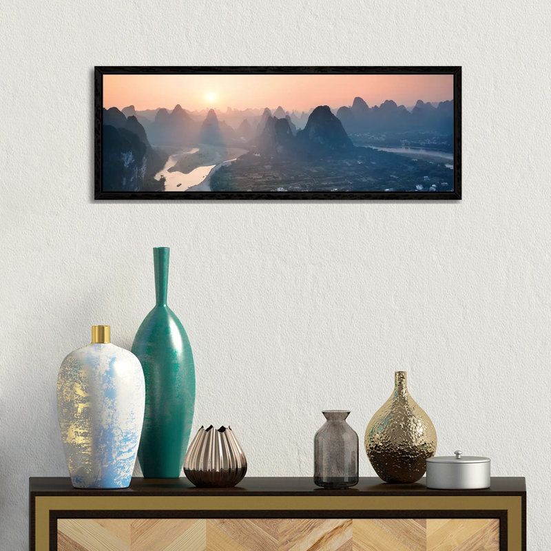 Panoramic Sunset Over Li River, China by Matteo Colombo - Panoramic Gallery-Wrapped Canvas Giclée on Canvas, Black Framed