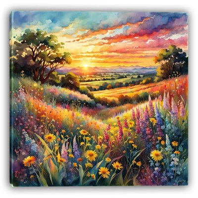 «Golden Meadow Glow: Wildflower Hillside at Sunset», reproduction d'art sur toile tendue