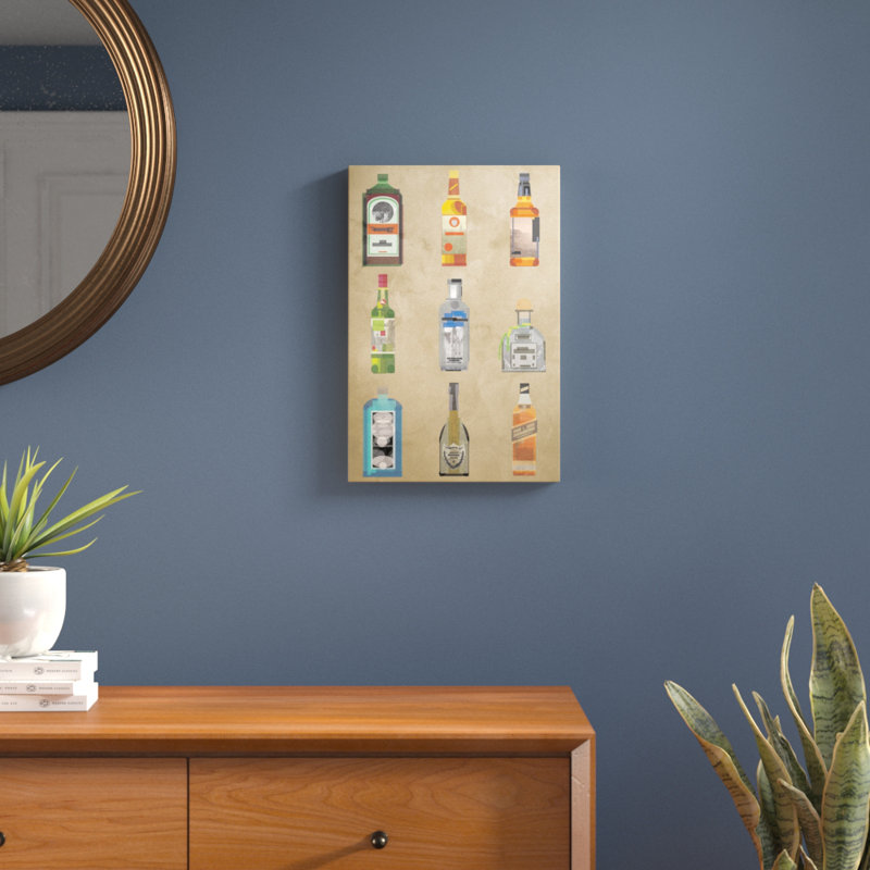 Liquor Bottles, impression sur toile tendue, H 26 po x l 18 po x P 1,5 po, Toile avec cadre noir, Pas de tapis
