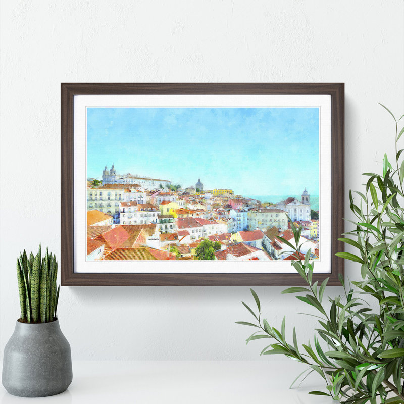 Skyline of Alfama Lisbon Portugal - Picture Frame Painting Print, 33cm H x 45cm W x 2cm D, Walnut Framed