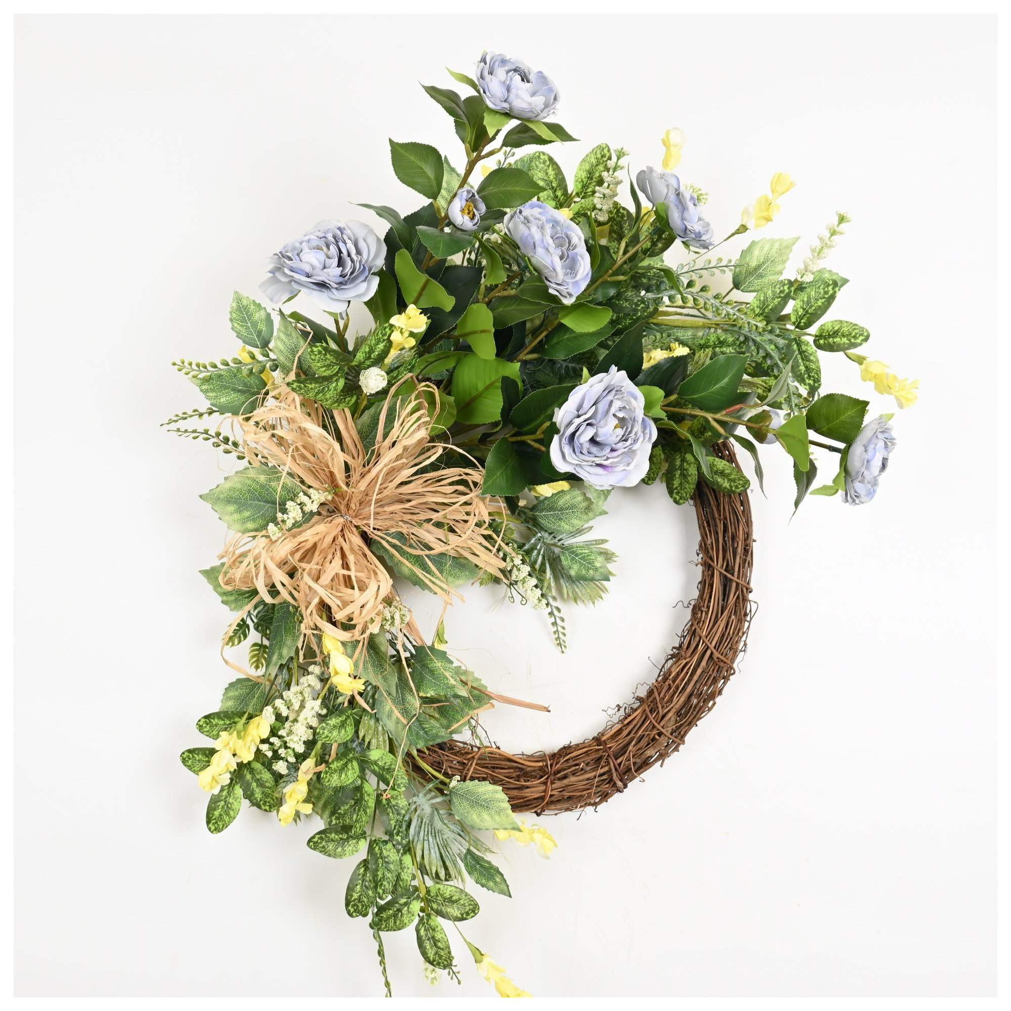 24" Artificial Farmhouse Spring Summer Greenery Leaves Berry Peony Floral Wreath For Front Door, Gray/Green